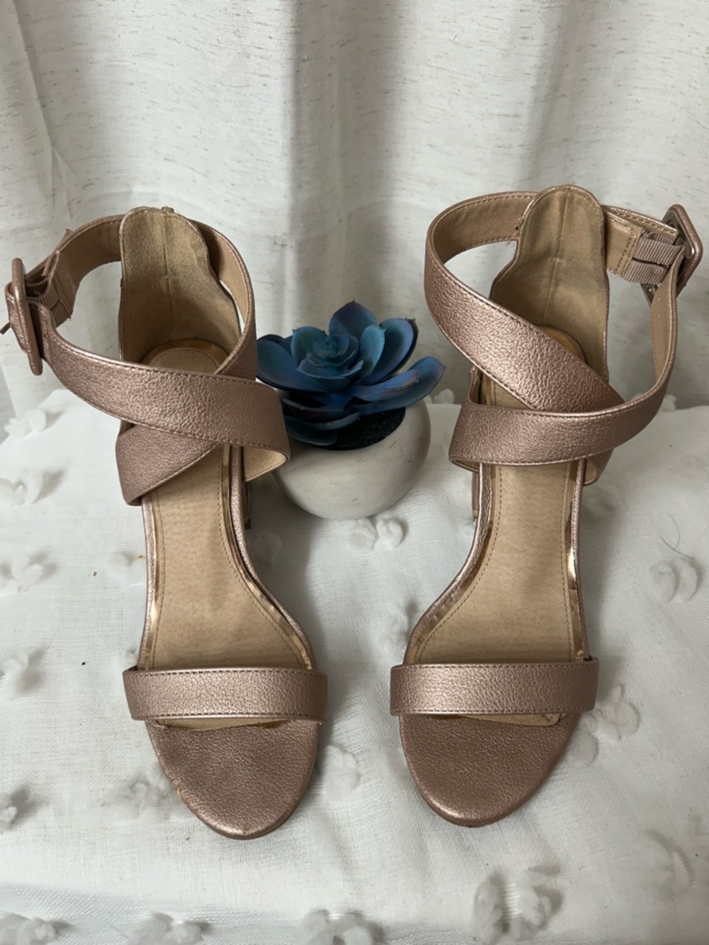 Women’s Metallic Rose Gold Strappy Block Heel Sandals